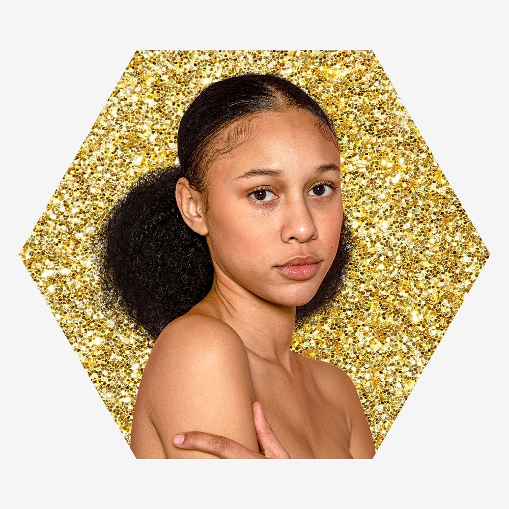 Young woman, gold glitter hexagon shape badge
