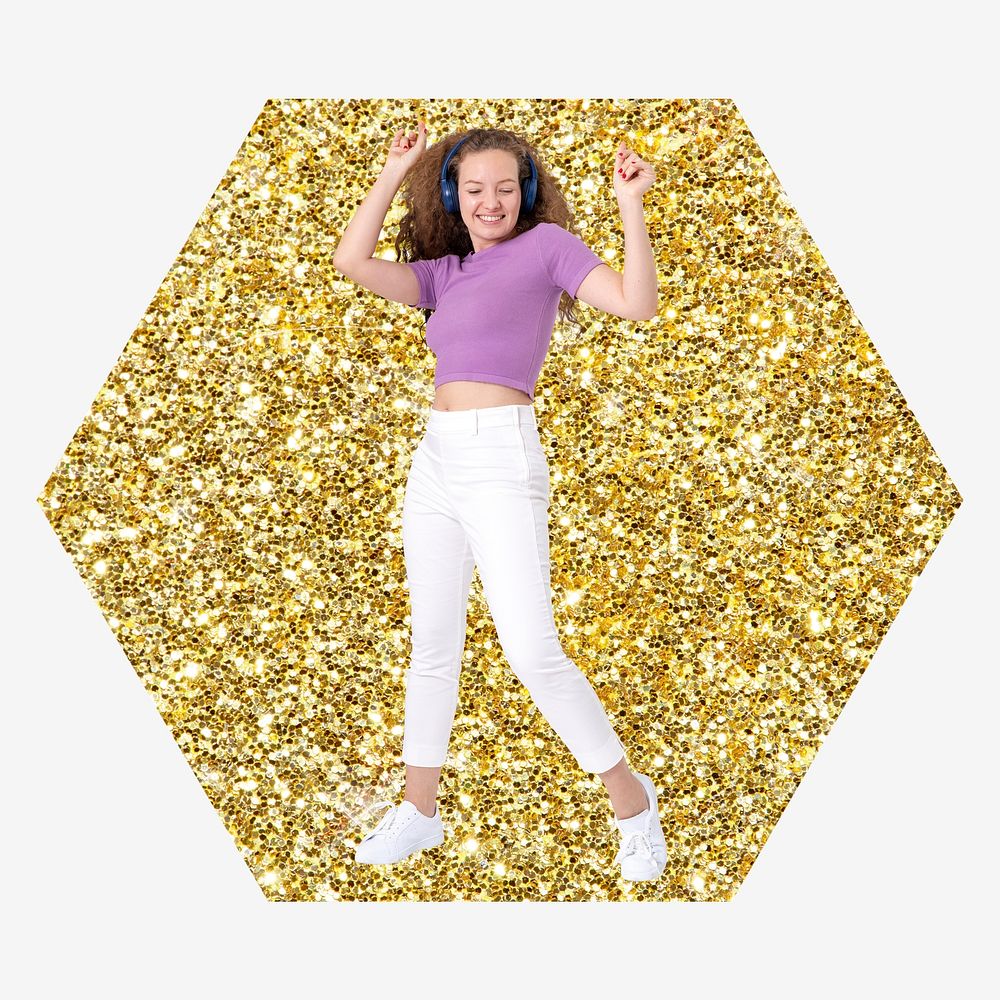 Woman dancing, gold glitter hexagon shape badge
