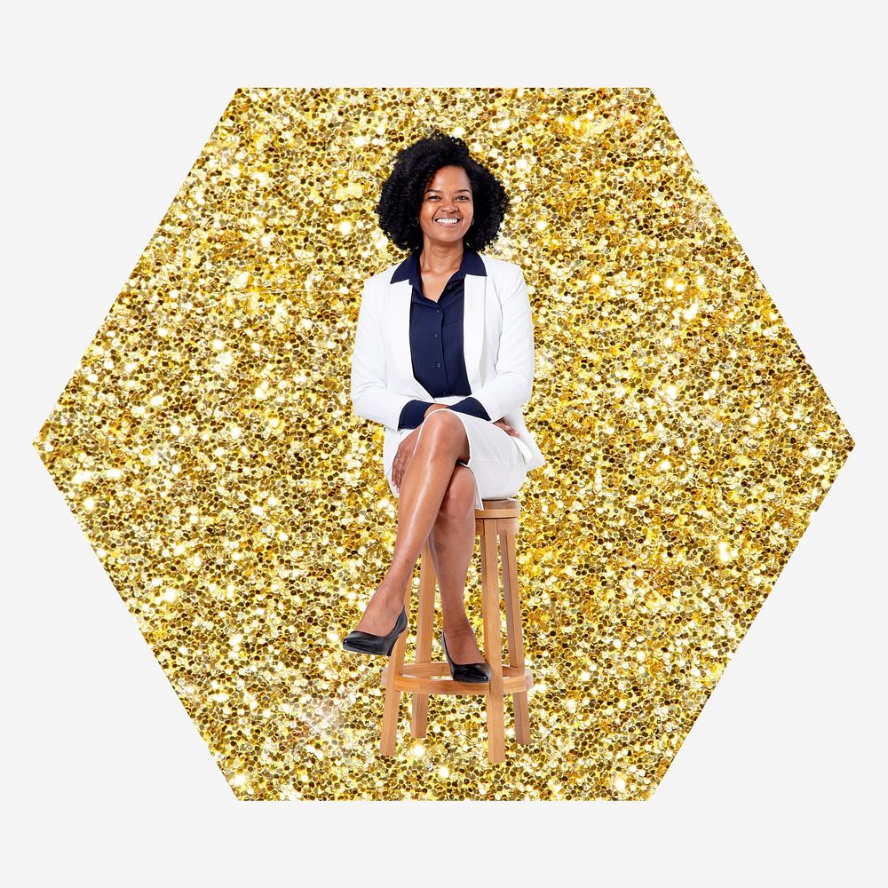 Confident businesswoman, gold glitter hexagon shape badge