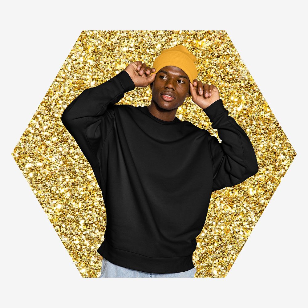 Man wearing beanie, gold glitter hexagon shape badge