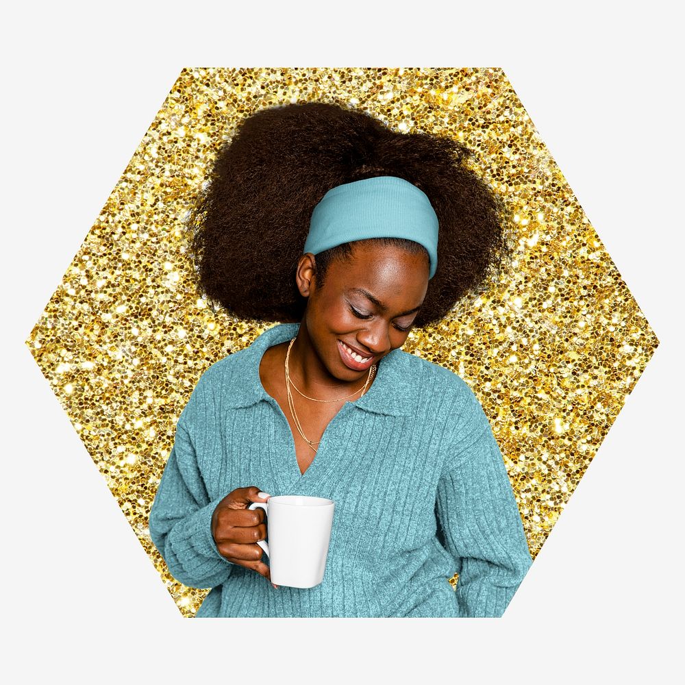 Woman drinking coffee, gold glitter hexagon shape badge