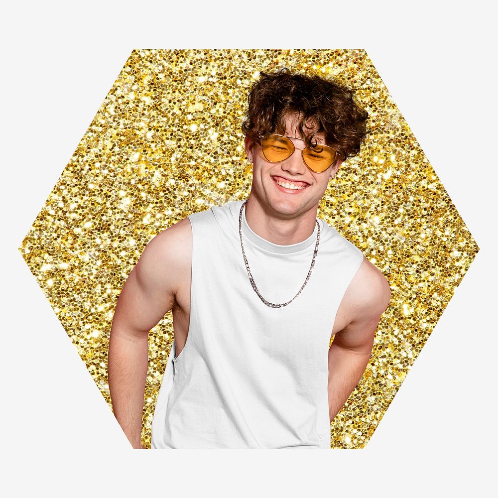 Funky man, gold glitter hexagon shape badge