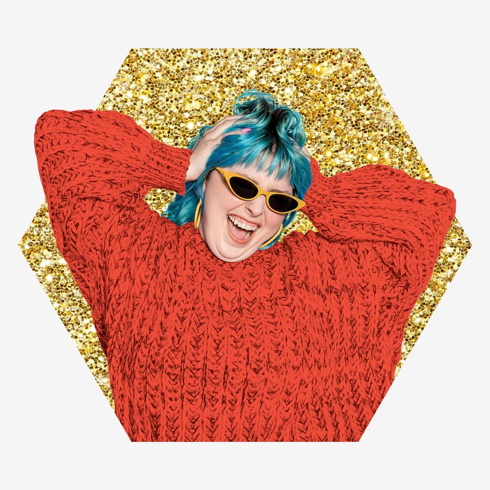 Funky girl, gold glitter hexagon shape badge