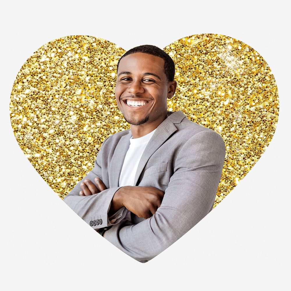 Happy African businessman, gold glitter heart shape badge