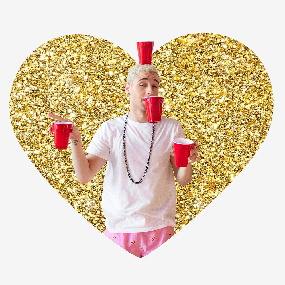 Man holding red cups, gold glitter heart shape badge