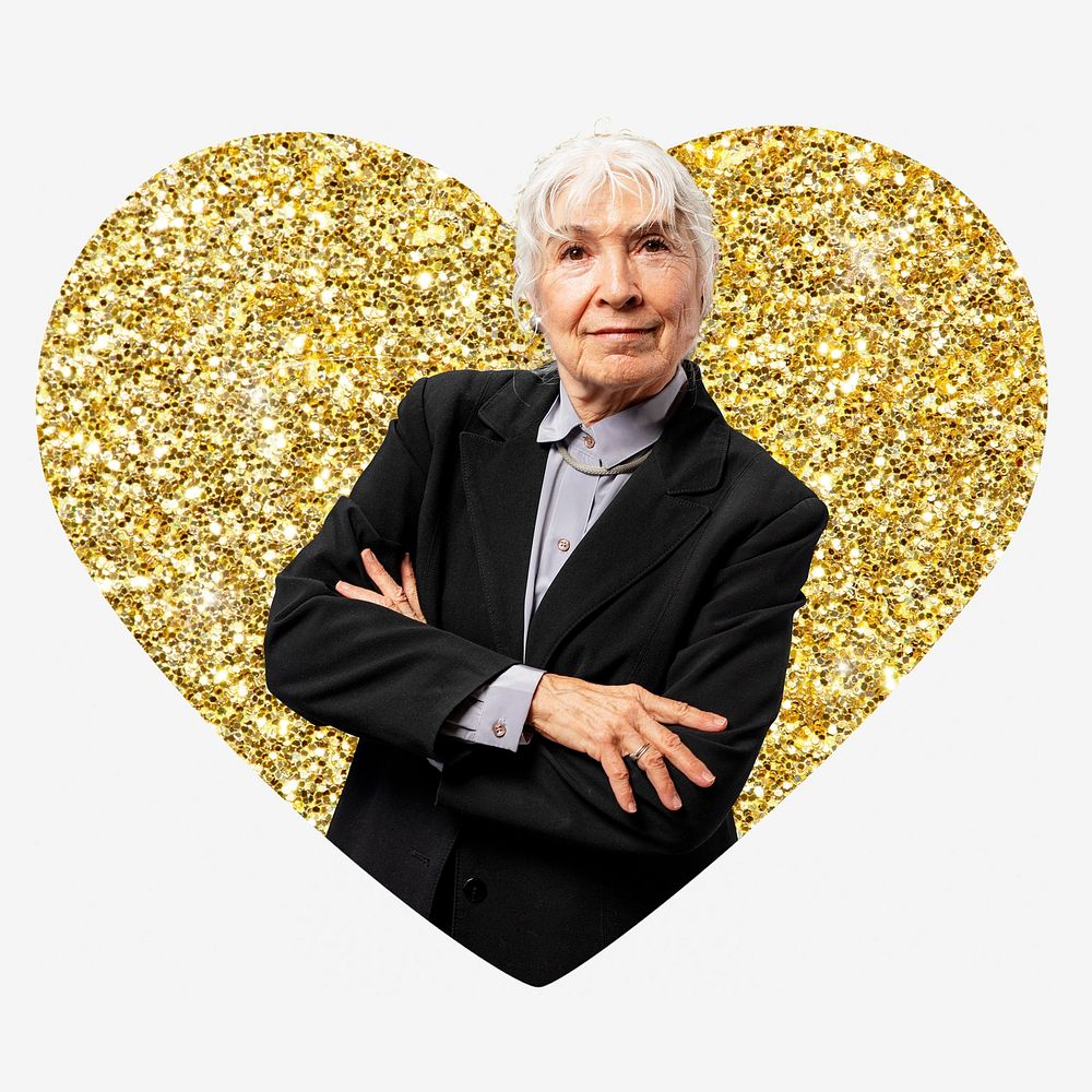 Senior businesswoman, gold glitter heart shape badge