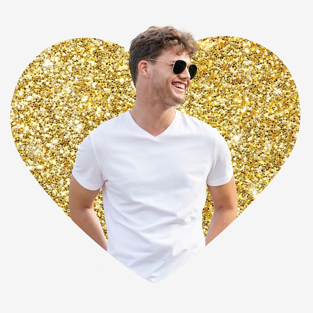 Happy man, gold glitter heart shape badge