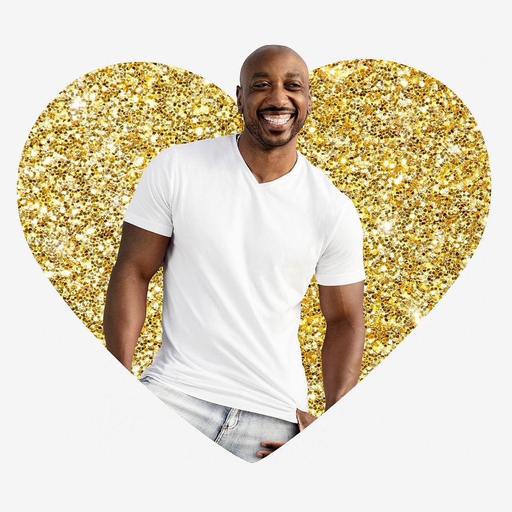 African man, gold glitter heart shape badge