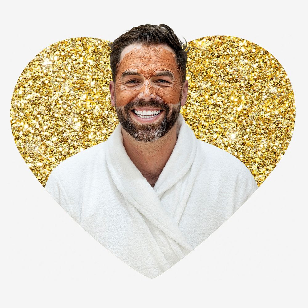Man in spa, gold glitter heart shape badge