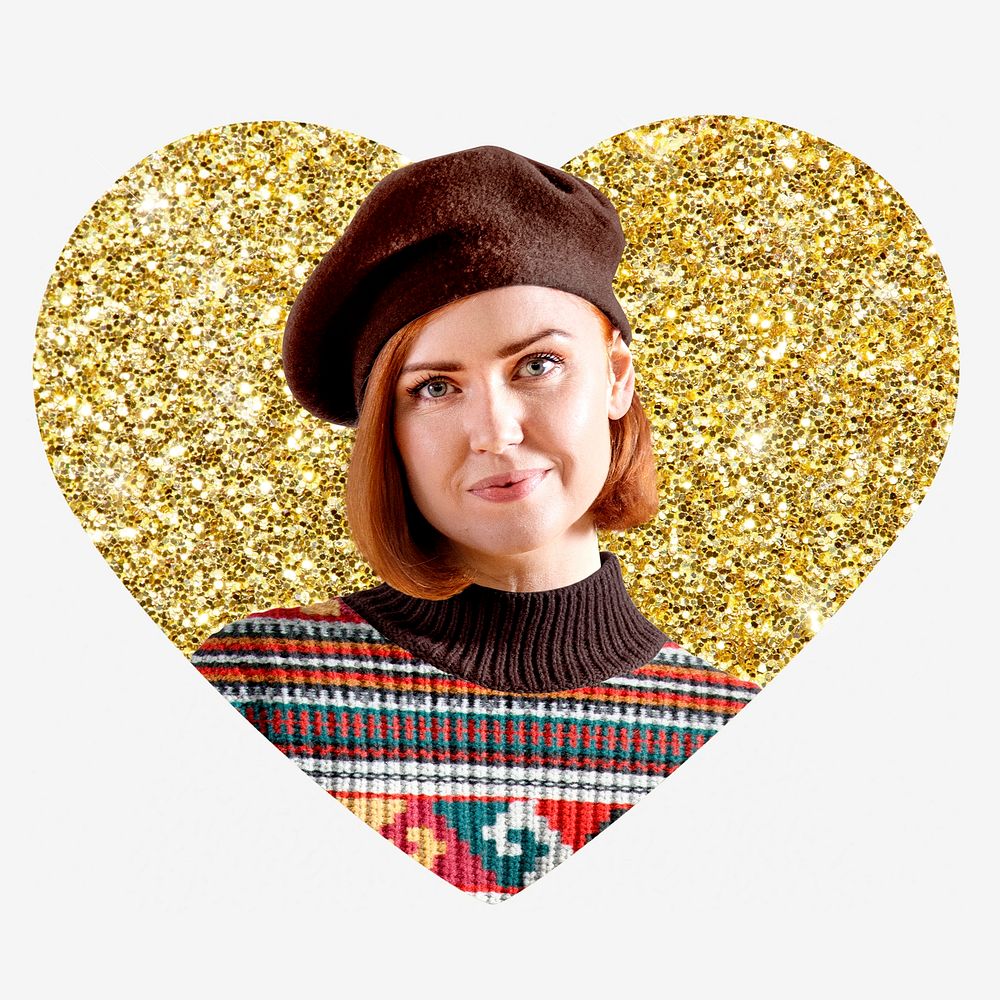 Brown beret woman, gold glitter heart shape badge