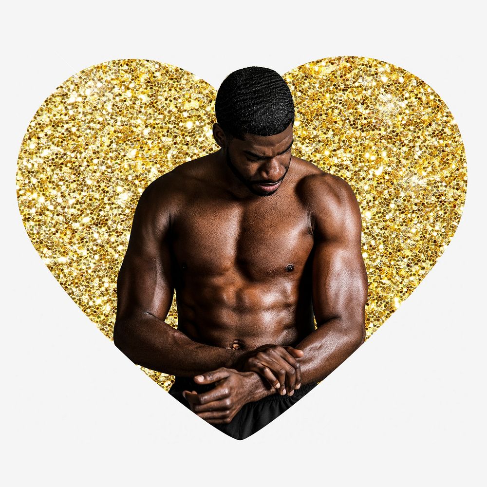 Muscular topless man, gold glitter heart shape badge