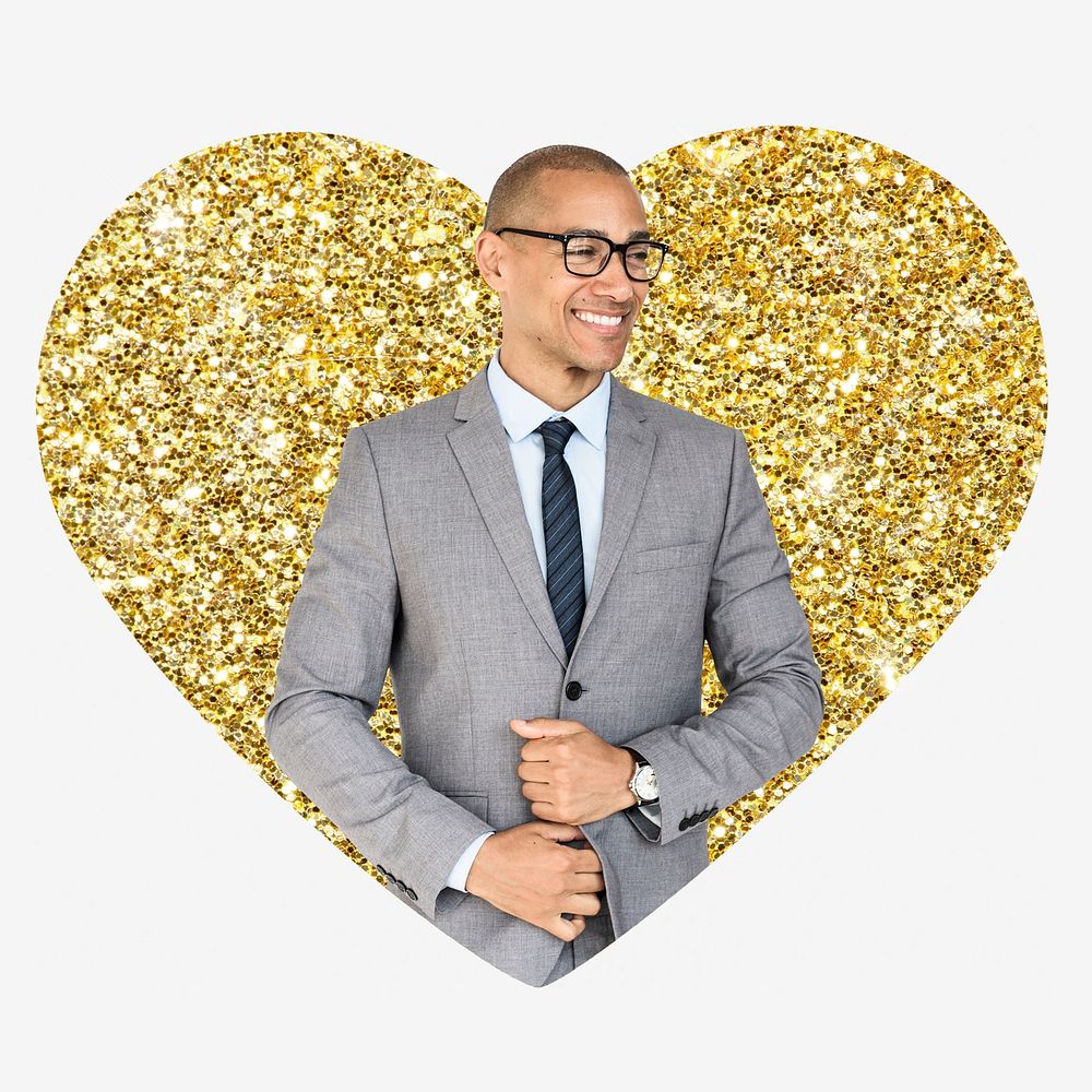 Confident businessman, gold glitter heart shape badge