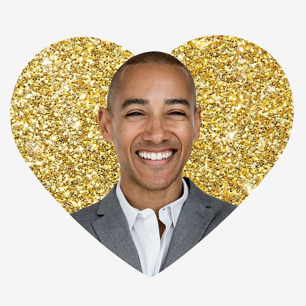 Confident businessman, gold glitter heart shape badge