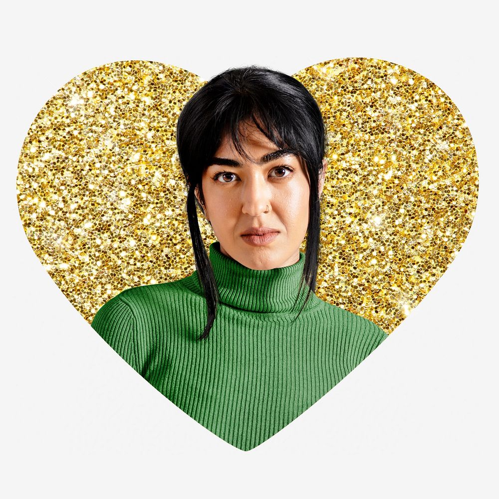 Woman wearing turtleneck, gold glitter heart shape badge