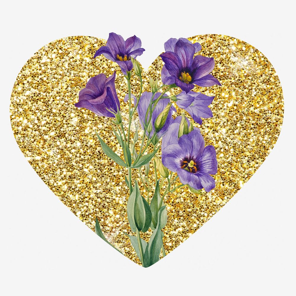 Texas bluebell flower, gold glitter heart shape badge