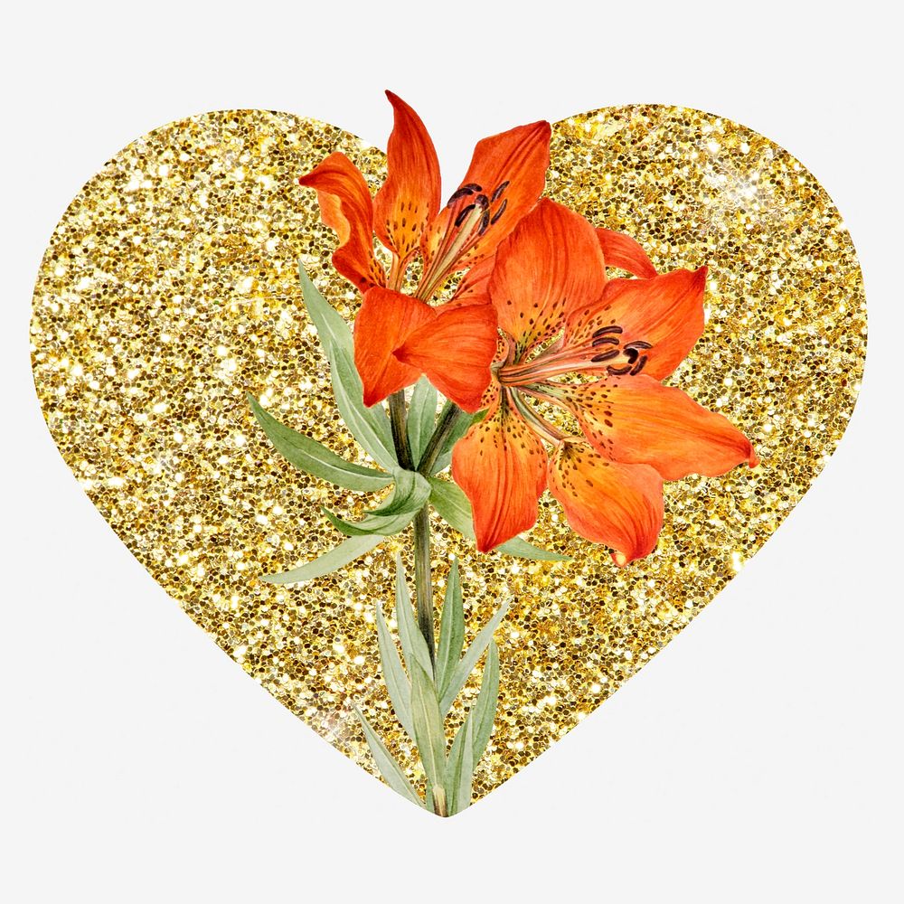 Red lily, gold glitter heart shape badge