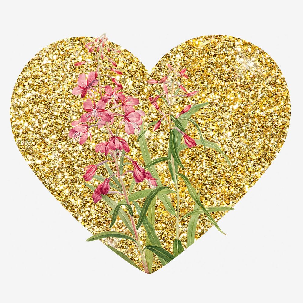 Fireweed flower, gold glitter heart shape badge