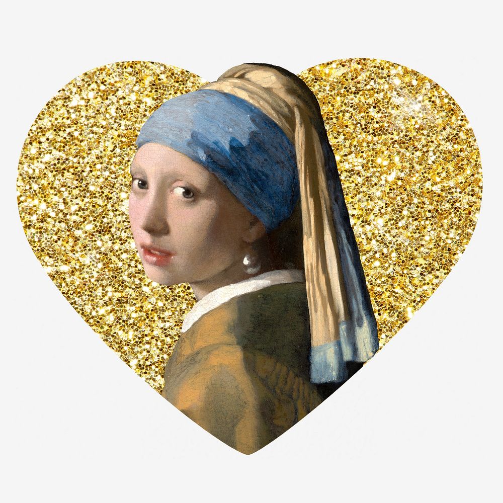 Girl with a Pearl Earring, Johannes Vermeer's famous artwork, gold glitter heart shape badge remixed by rawpixel