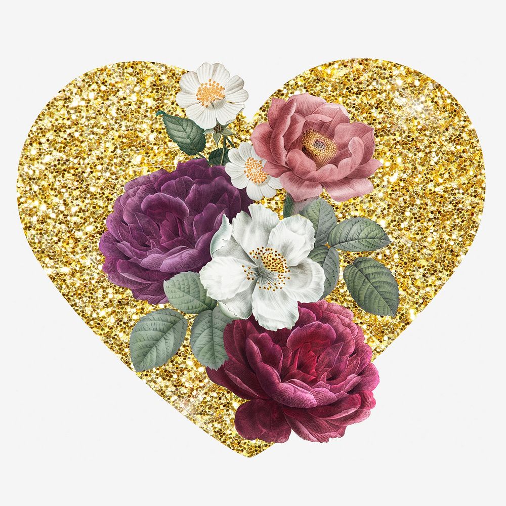 Roses, gold glitter heart shape badge
