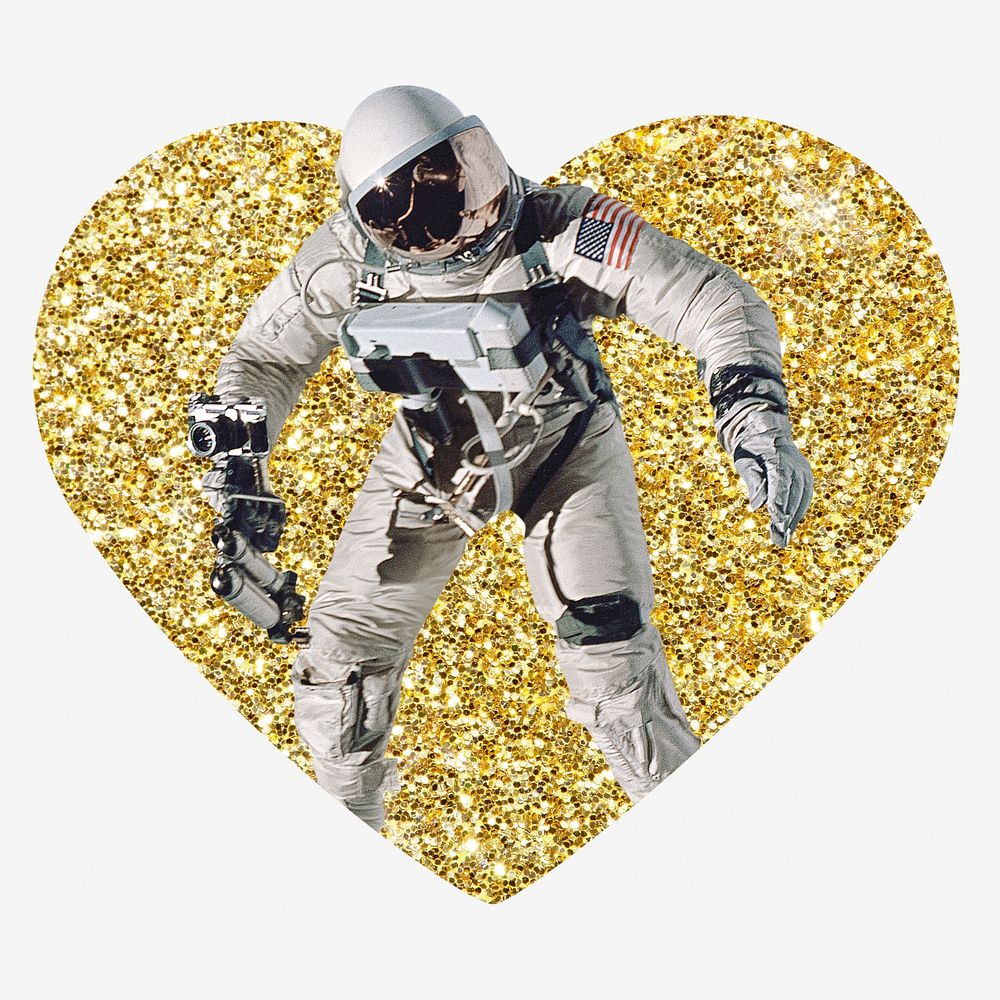 Astronaut, gold glitter heart shape badge