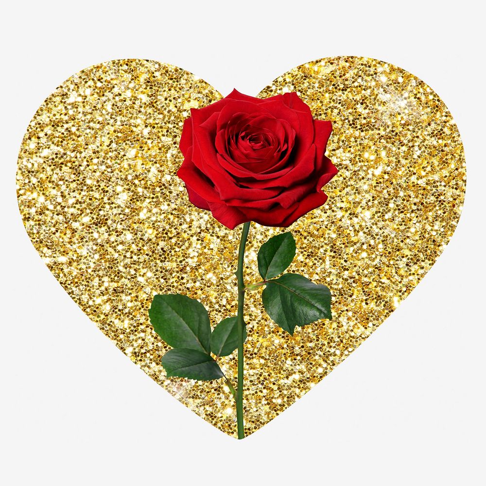 Red rose, gold glitter heart shape badge
