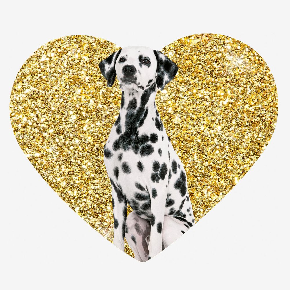 Dalmatian dog, gold glitter heart shape badge