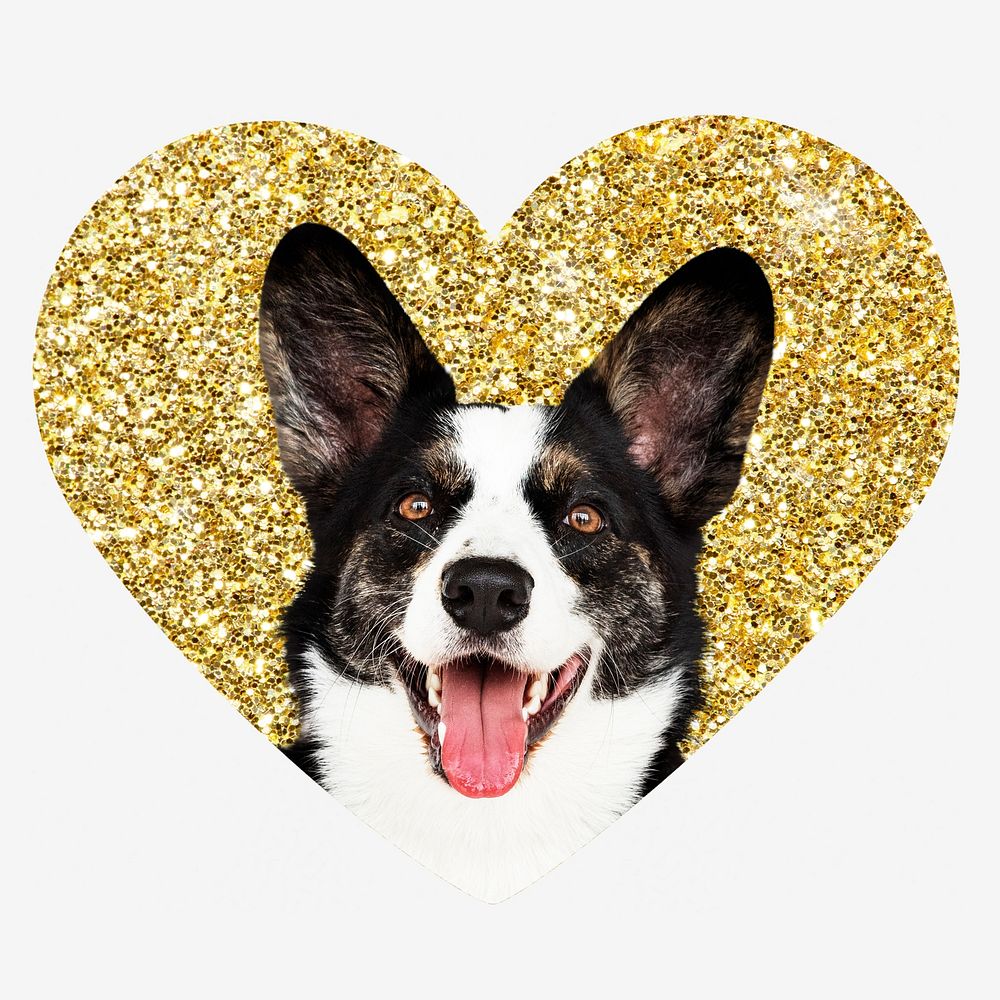 Welsh Corgi dog, gold glitter heart shape badge
