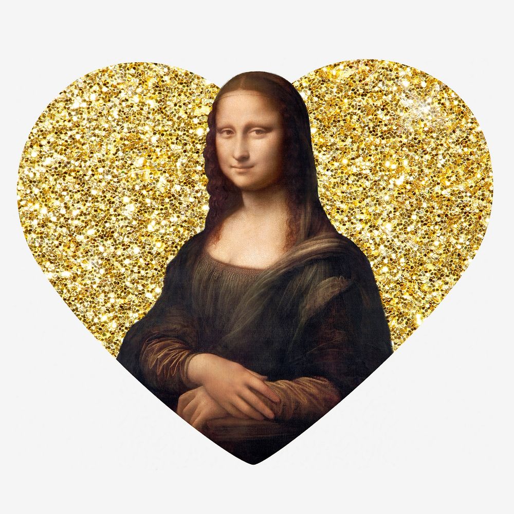 Mona Lisa, Vinci's famous painting, gold glitter heart shape badge remixed by rawpixel