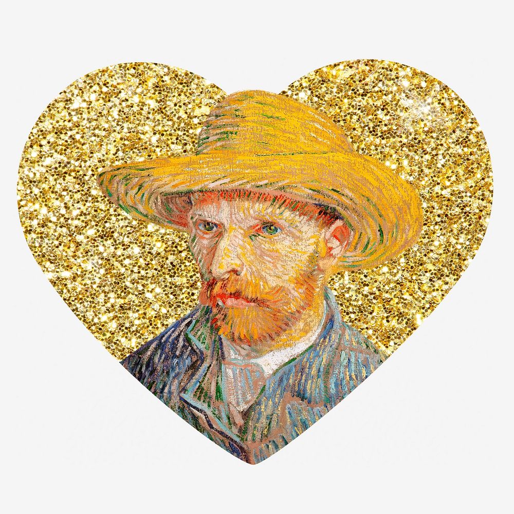 Van Gogh's Self-Portrait, gold glitter heart shape badge remixed by rawpixel