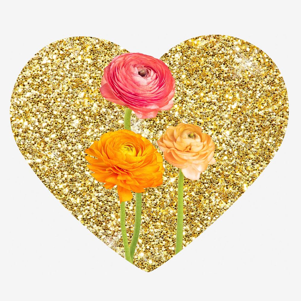 Ranunculus flower, gold glitter heart shape badge