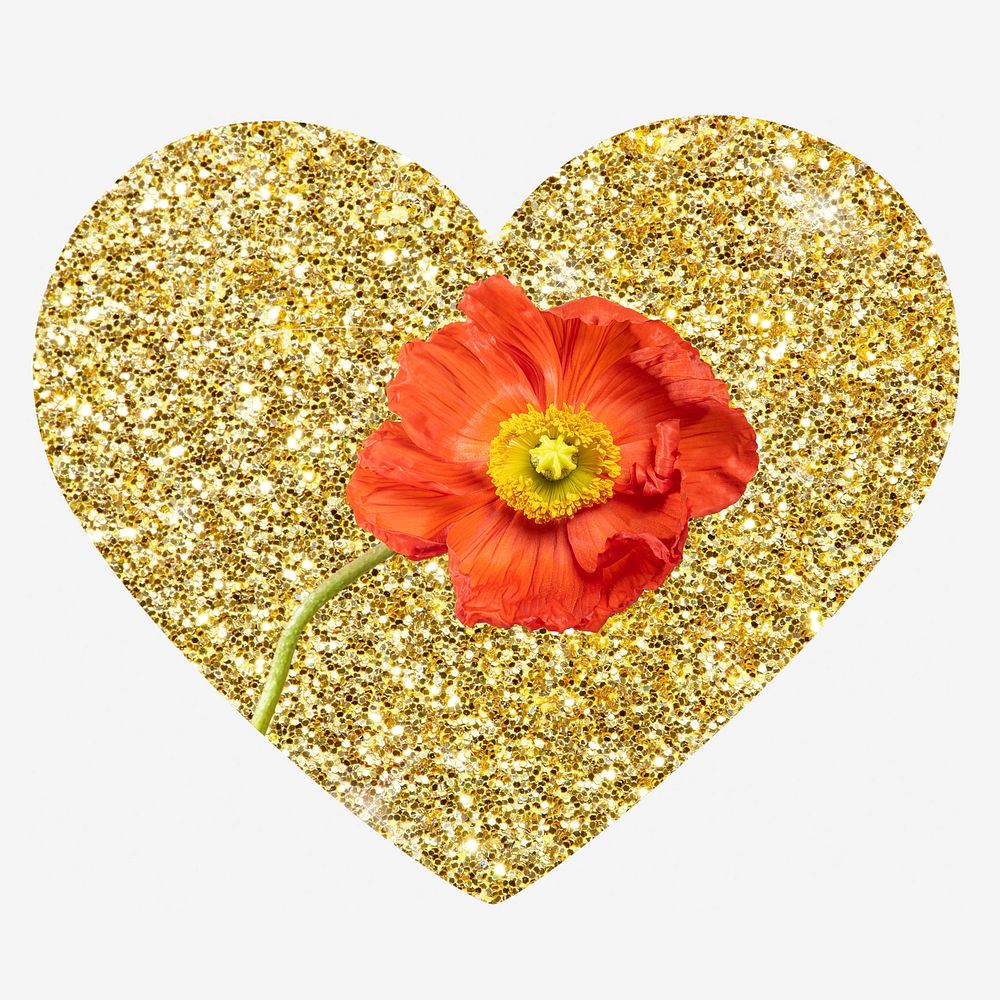 Poppy flower, gold glitter heart shape badge
