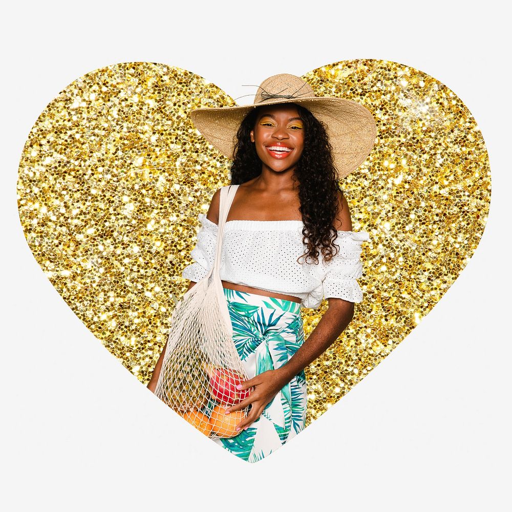 Happy African woman, grocery shopping, gold glitter heart shape badge