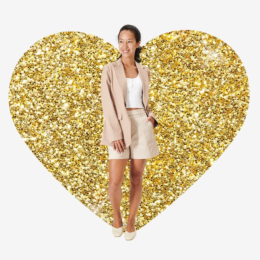 Asian businesswoman, gold glitter heart shape badge