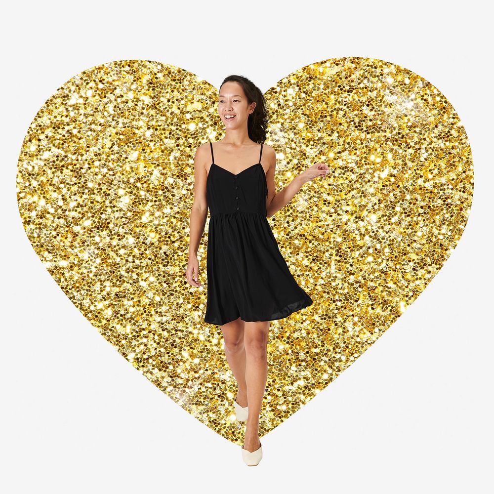 Asian woman in black dress, gold glitter heart shape badge