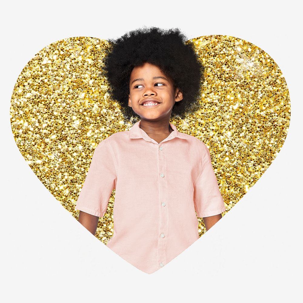 African kid, gold glitter heart shape badge