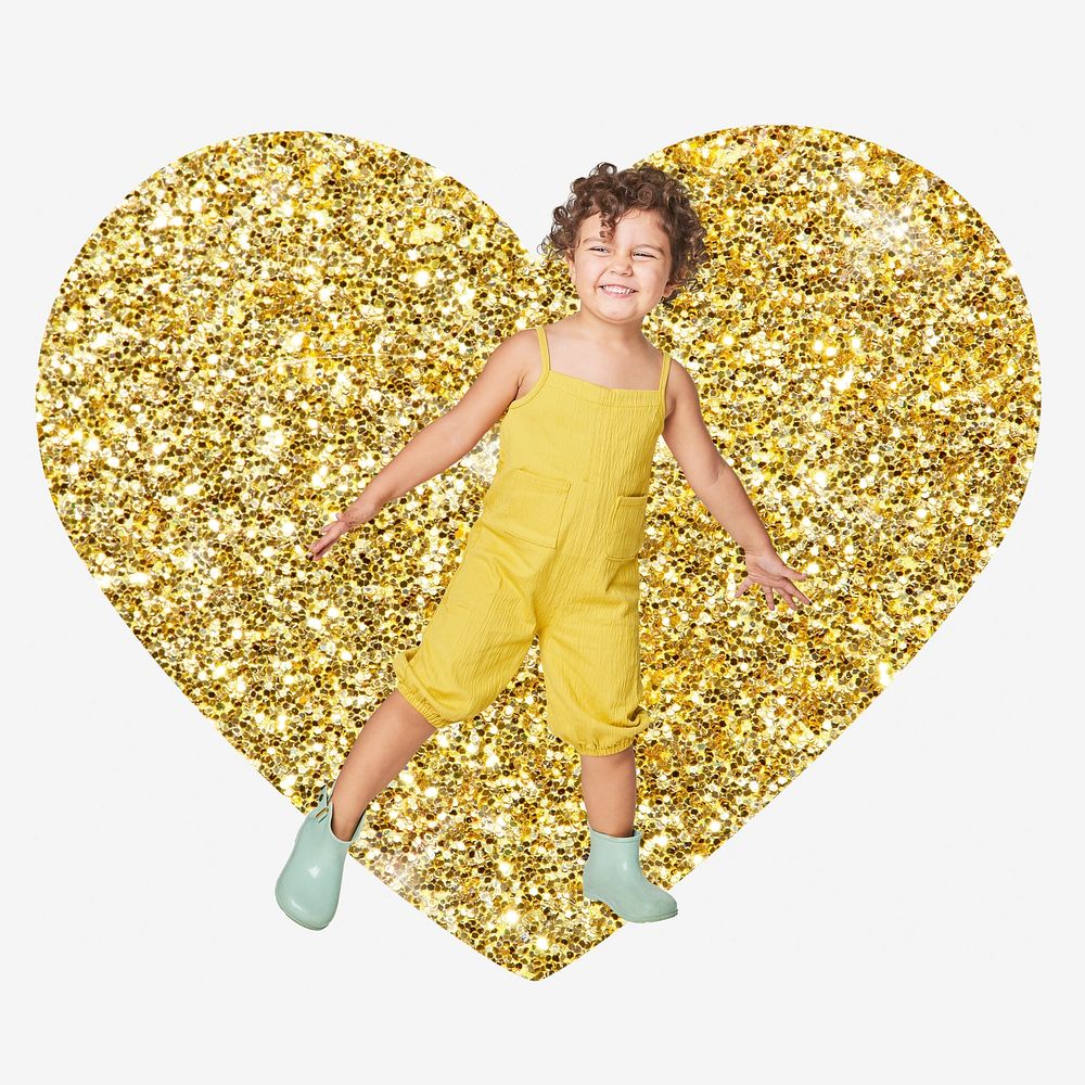 Little kid, gold glitter heart shape badge