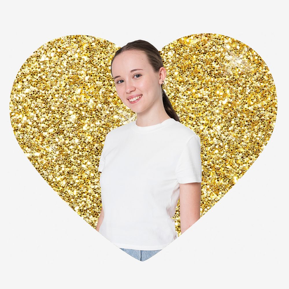 Teenage girl, gold glitter heart shape badge