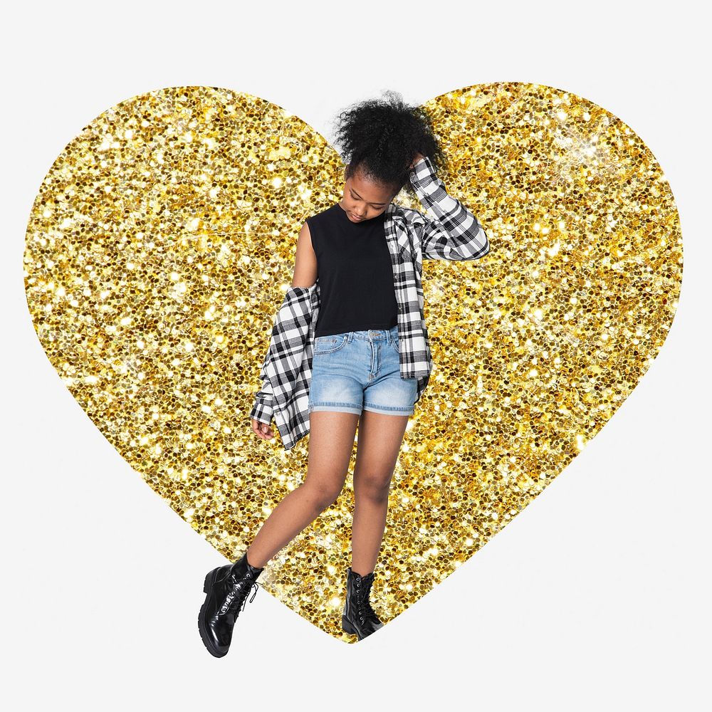 African teenager, gold glitter heart shape badge