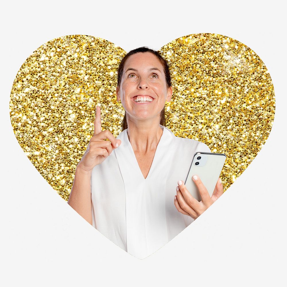 Woman holding phone, gold glitter heart shape badge