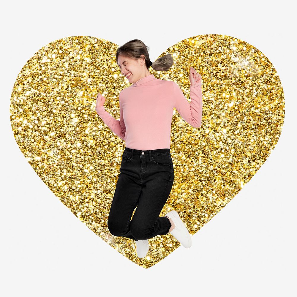 Jumping girl, gold glitter heart shape badge