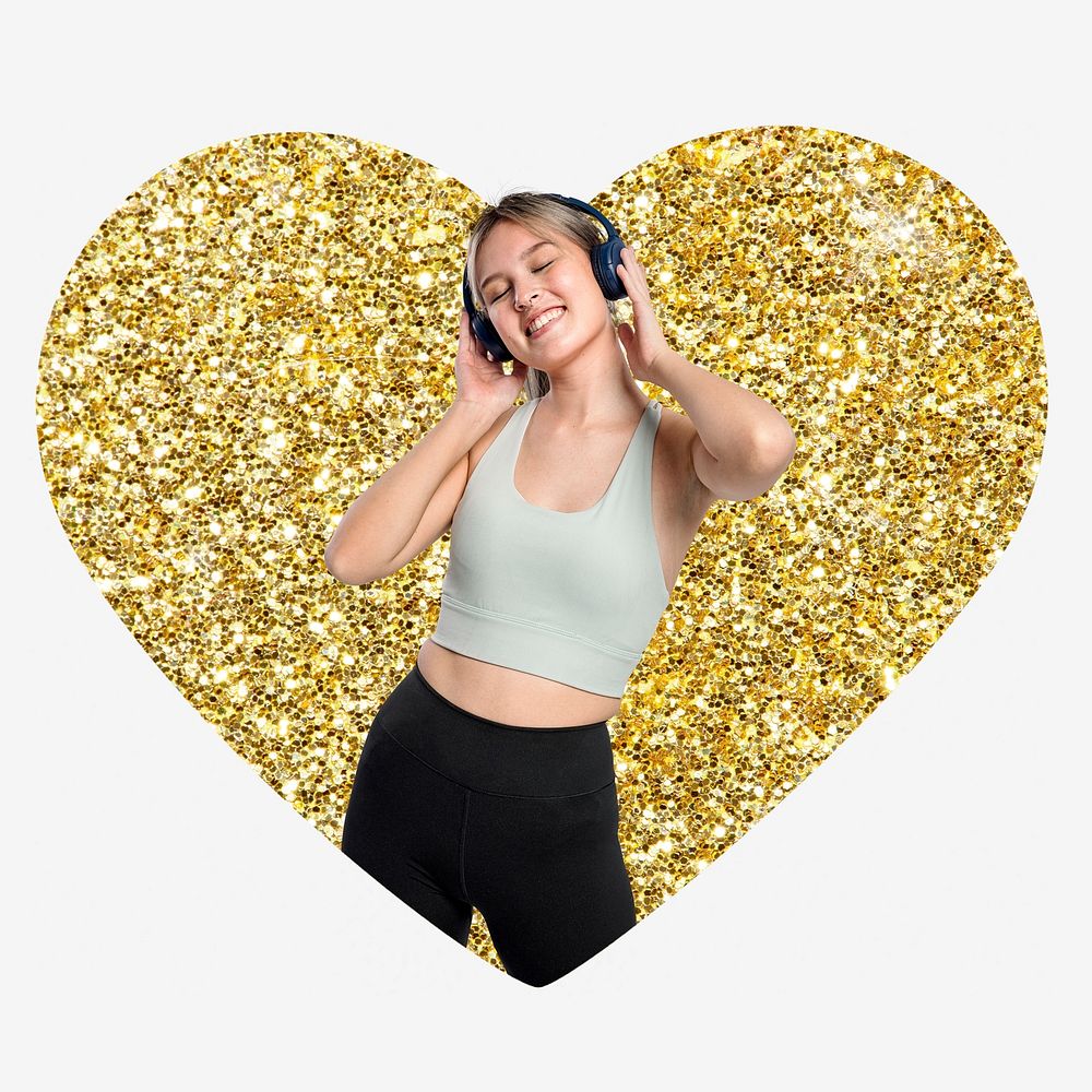 Woman enjoying music, gold glitter heart shape badge