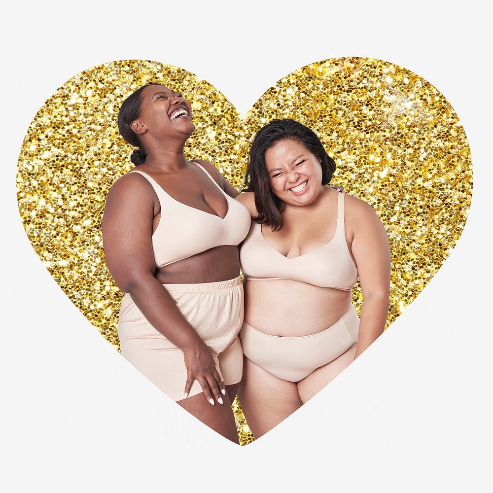 Plus size models in lingerie apparel, gold glitter heart shape badge
