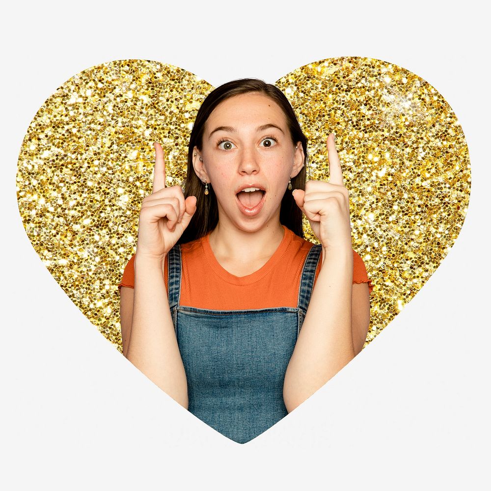 Young woman pointing up, gold glitter heart shape badge