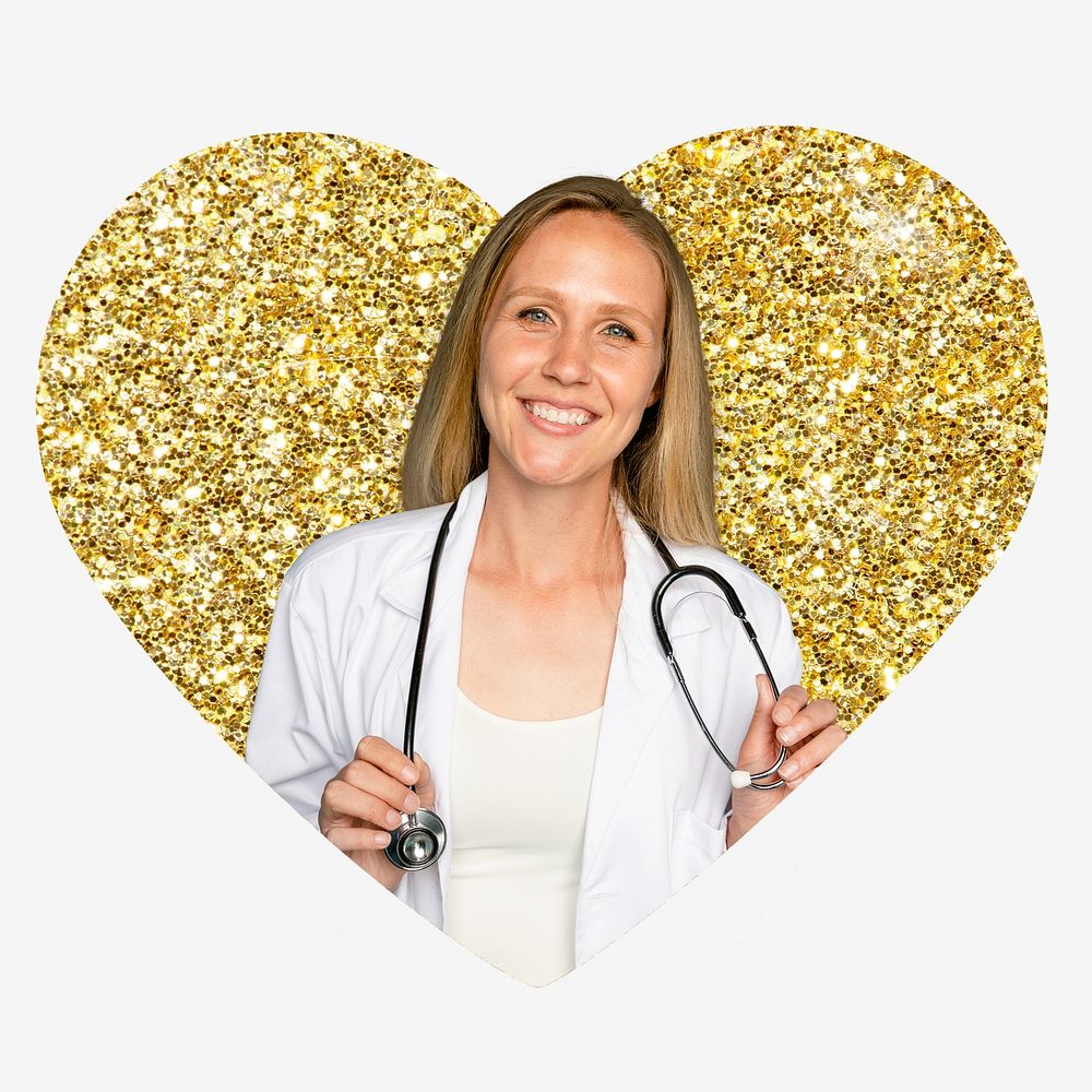 Female doctor, gold glitter heart shape badge