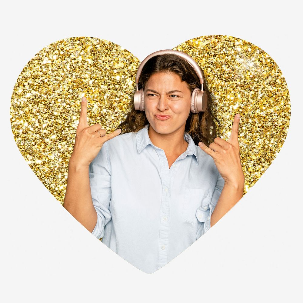 Woman listening to music, gold glitter heart shape badge