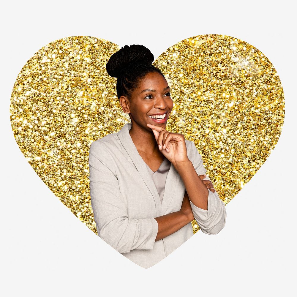 African businesswoman, gold glitter heart shape badge