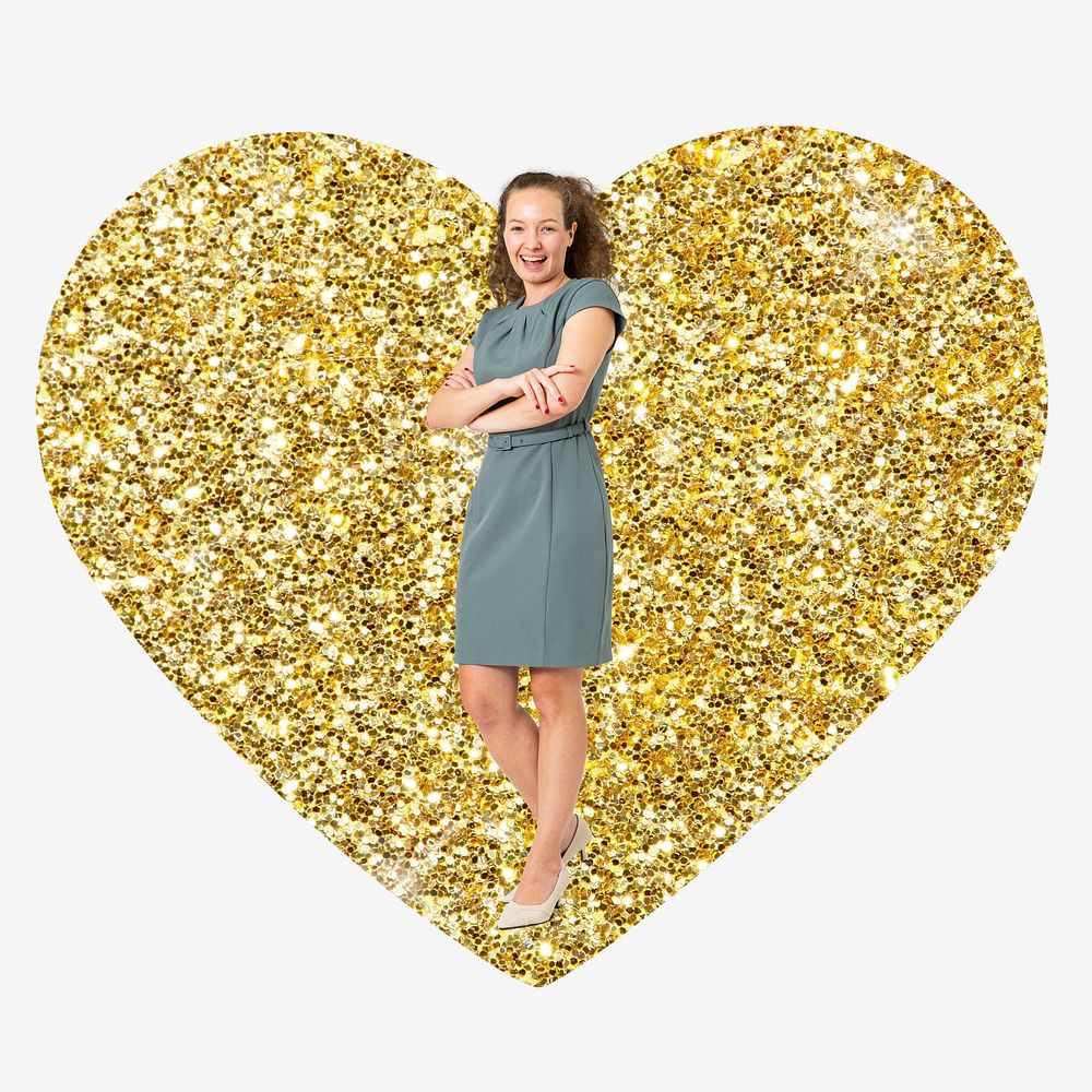 Businesswoman standing, gold glitter heart shape badge