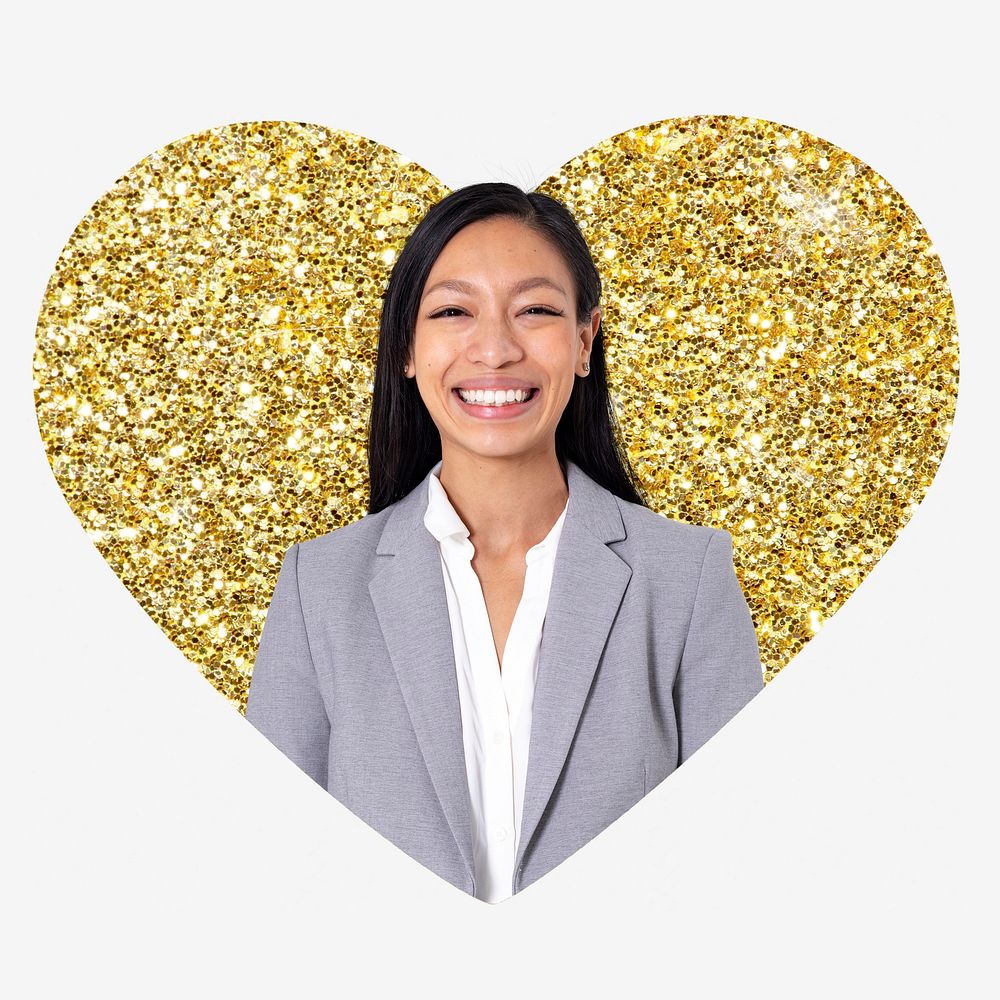 Smiling businesswoman, gold glitter heart shape badge