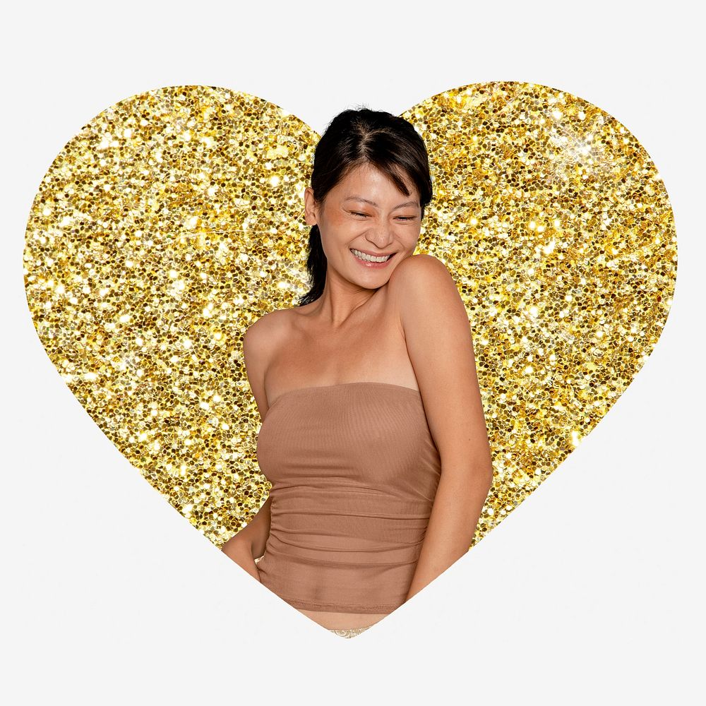 Joyful woman, gold glitter heart shape badge