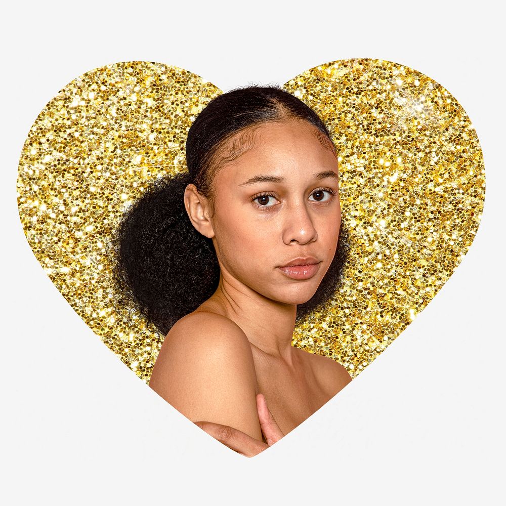 Young woman, gold glitter heart shape badge